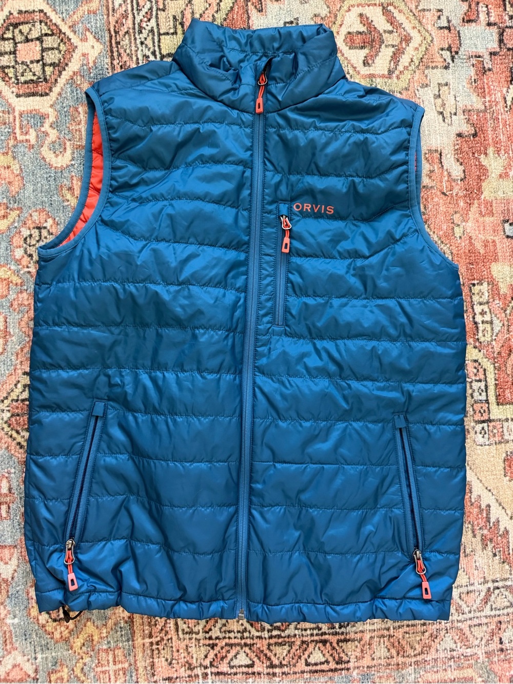 Orvis Blue Quilted Vest with Orange Trim